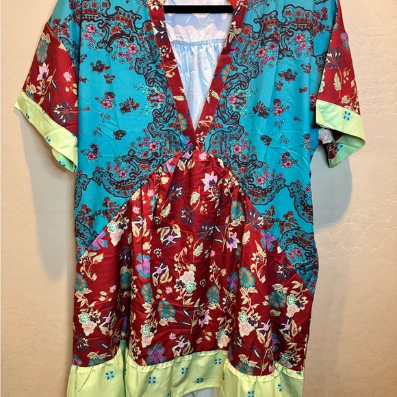Amazon Dresses & Skirts - Amazon Turquoise & Burgundy Floral V-Neck Tunic with Lime Accents